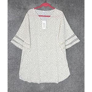 Jouica Polka Dot‎ Tunic Dress Womens Size XL Ivory Black V-Neck 3/4 Sleeve NWT